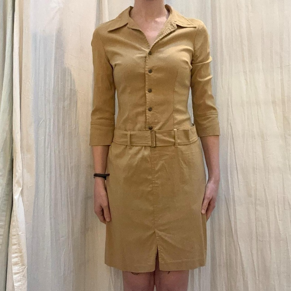 Tan Collared Shirt Dress with Hip Hugger Belt Vintage Y2K